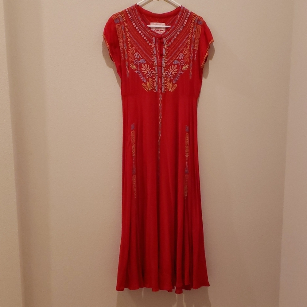 Johnny Was Biya Red Embroidered Maxi Dress